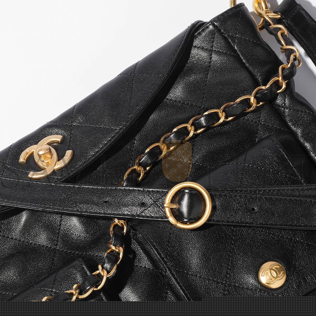 Ch*el large hippie bag shiny calfskin and gold toned metal black as4668 (30*21.5*5 cm)